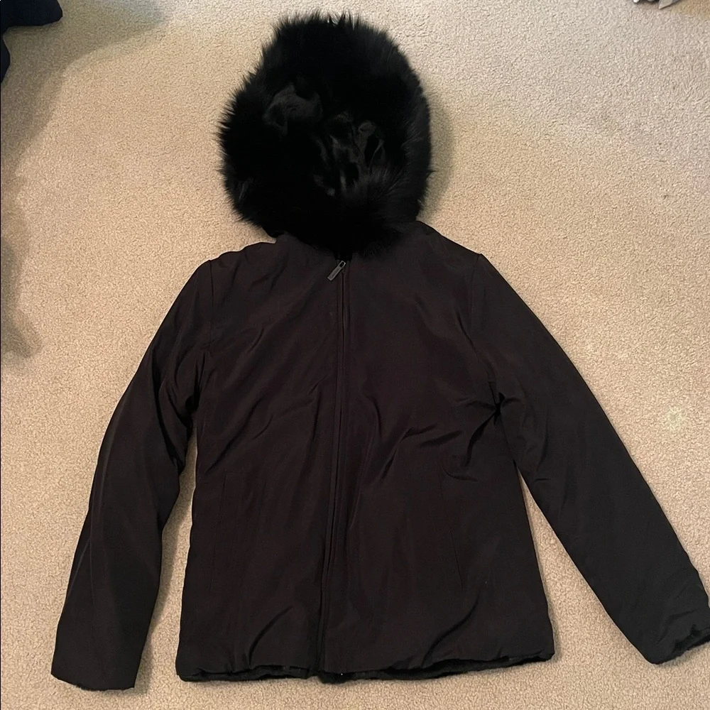 Calvin Klein Faux Fur Reversible Coat with Fox Trimmed Hood